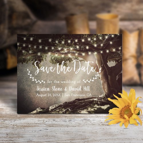 Rustic String Lights Vintage Tree Save the Date Announcement Postcard