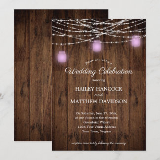 Rustic String Lights Violet Mason Jars Wedding Inv Invitation