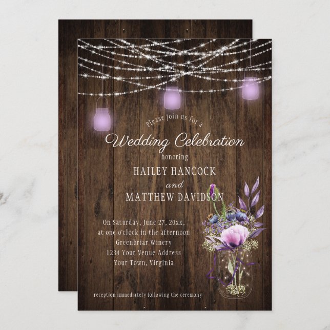 Rustic String Lights Violet Mason Jars Wedding Invitation (Front/Back)