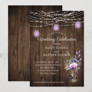 Rustic String Lights Violet Mason Jars Wedding Invitation