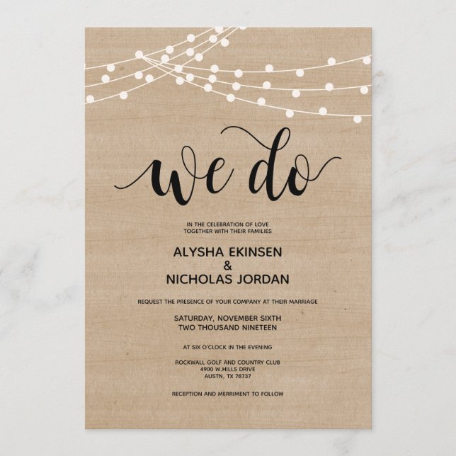 Rustic string lights We Do Wedding Invitation Card (Front)