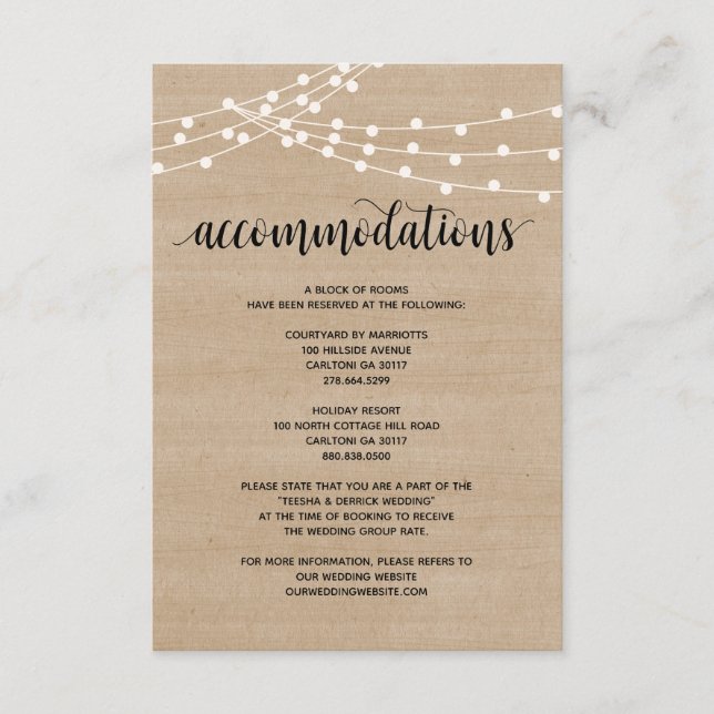 Rustic string lights wedding accommodations card (Front)