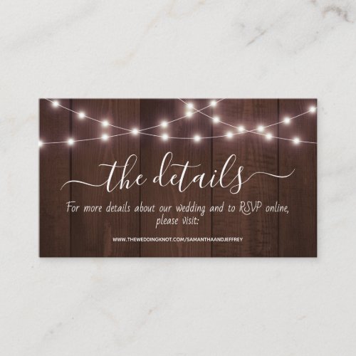 Rustic String Lights Wedding Details Enclosure Business Card