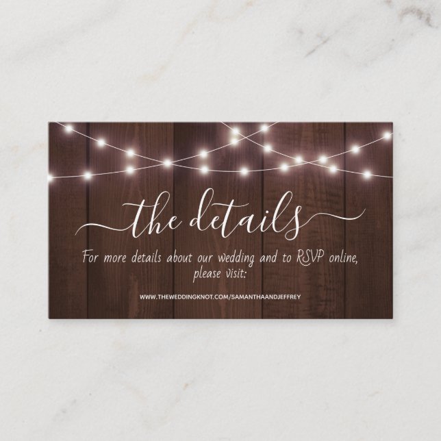 Rustic String Lights Wedding Details Enclosure Business Card (Front)