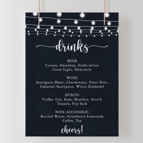 Rustic String lights Wedding Drinks Menu Sign