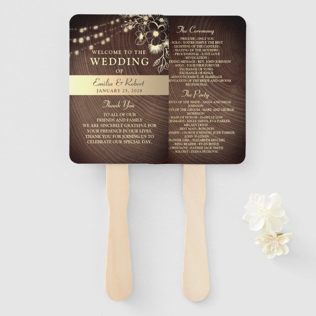 Rustic String Lights Wedding Fan Program (Front and Back)