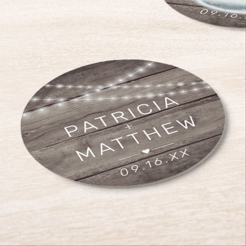 Rustic String Lights Wedding Favor Round Paper Coaster