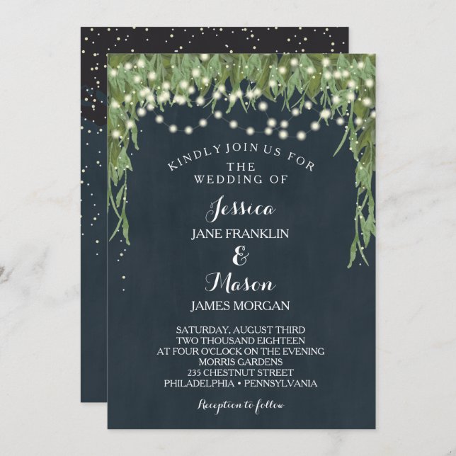 Rustic String Lights Wedding Invitation - Navy (Front/Back)