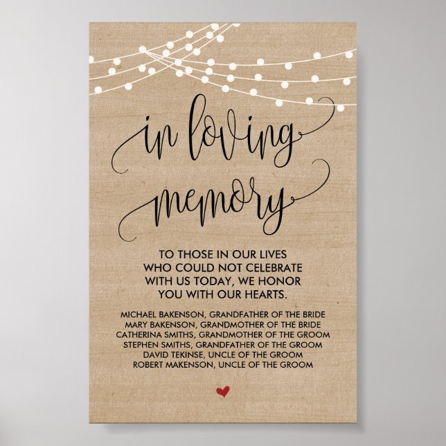 Rustic string lights Wedding Memorial Table Sign (Front)