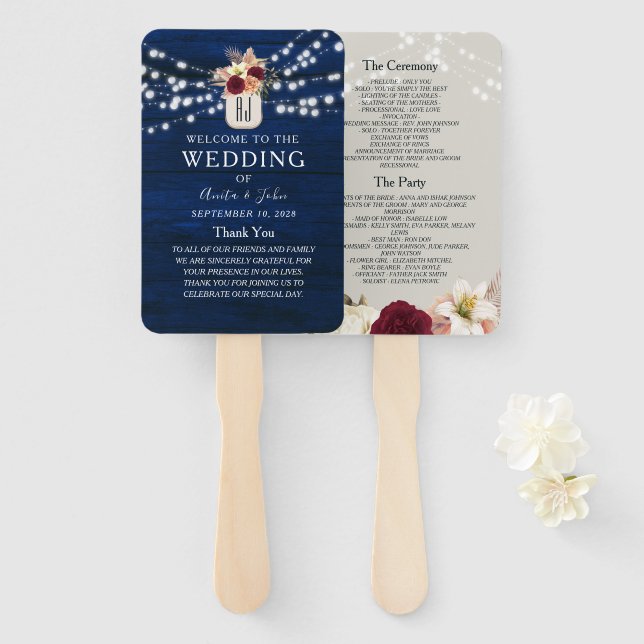 Rustic String Lights Wedding Program Fan (Front and Back)