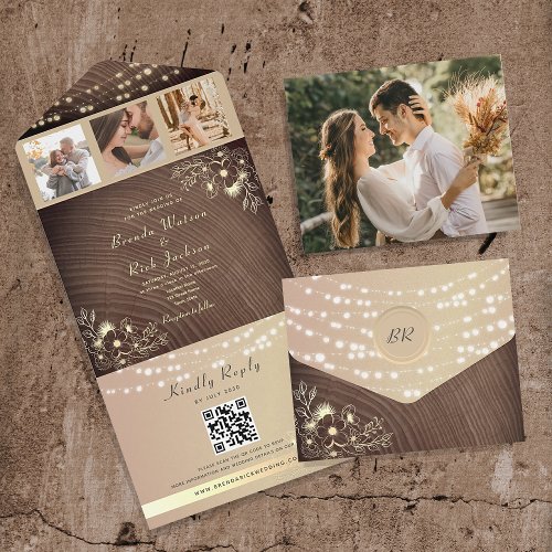 Rustic String Lights Wedding QR Code All In One Invitation