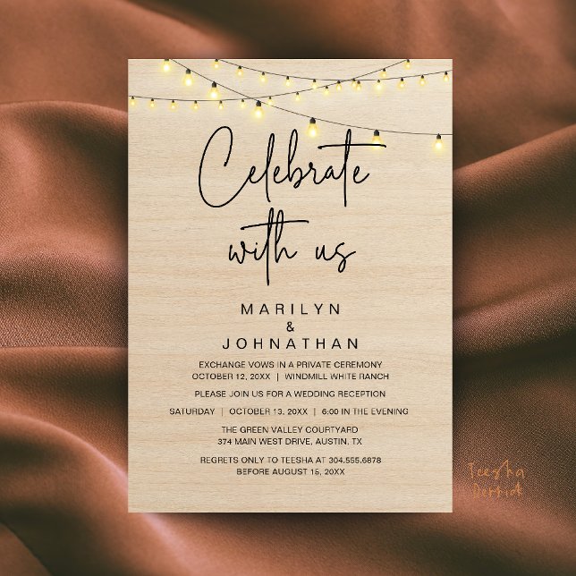 Rustic String Lights Wedding Reception Elegant Invitation (Rustic String Lights Wedding Reception Dinner Party Elegant Invitation Card in Brown Wood)