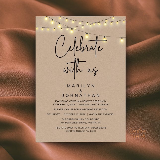 Rustic String Lights Wedding Reception Elegant Invitation (Rustic String Lights Wedding Reception Dinner Party Elegant Invitation Card in Dark Brown Kraft)