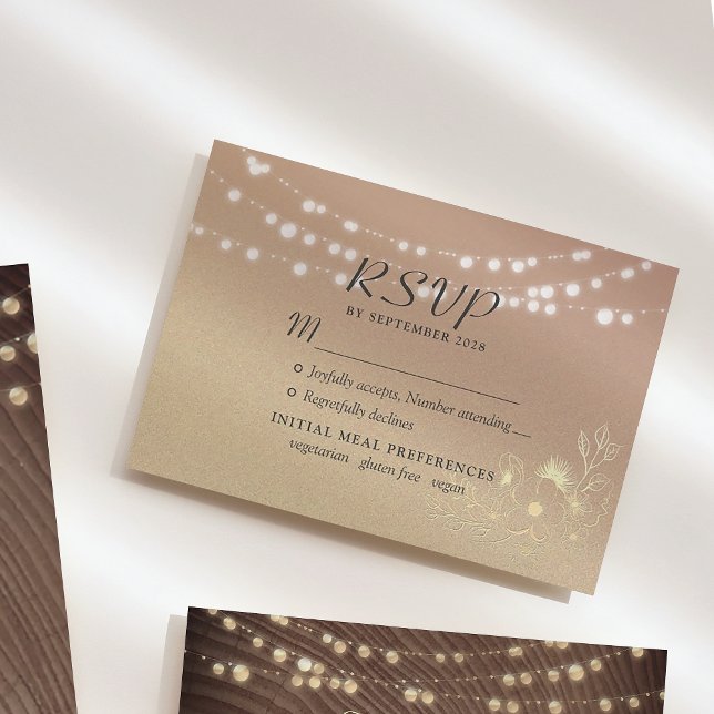 Rustic String Lights Wedding RSVP Card with Gold (Creator Uploaded)
