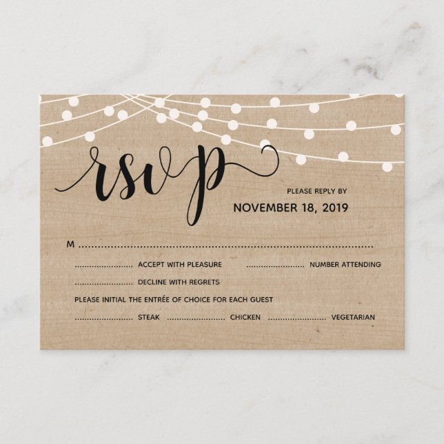 Rustic string lights wedding rsvp reply card (Front)