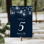 Rustic String Lights Wedding Table Numbers<br><div class="desc">Affordable printed wedding table number cards with a simple DIY template for customization. This rustic chic design features strands of glowing string lights and mason jars on a dark navy blue background. Personalize each table number that you need and add each to your cart individually (note: adding a bulk number...</div>