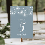 Rustic String Lights Wedding Table Numbers<br><div class="desc">Affordable printed wedding table number cards with a simple DIY template for customization. This rustic chic design features strands of glowing string lights and mason jars on a dusty blue background. Personalize each table number that you need and add each to your cart individually (note: adding a bulk number of...</div>