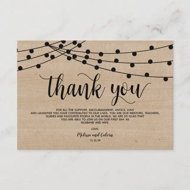 Rustic string lights wedding Thank You card design | Zazzle