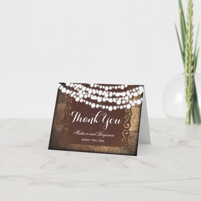 Rustic String Lights Wedding Thank You Cards (Front)