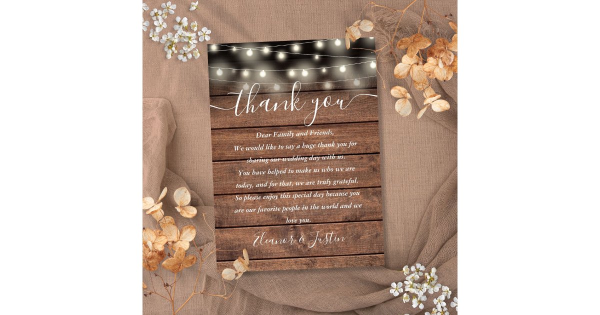 Rustic String Lights Wedding Thank You Place Card | Zazzle