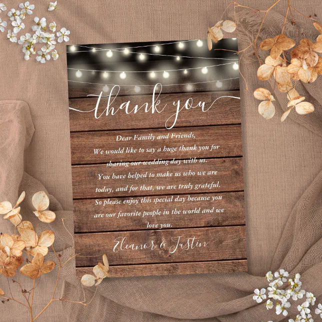 Rustic String Lights Wedding Thank You Place Card | Zazzle