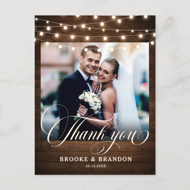 Rustic String Lights Wedding Thank you Postcard (Front)