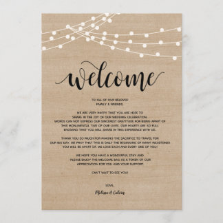 Rustic string lights Wedding Welcome and Itinerary Program