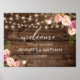 Rustic String Lights Wedding Welcome Sign