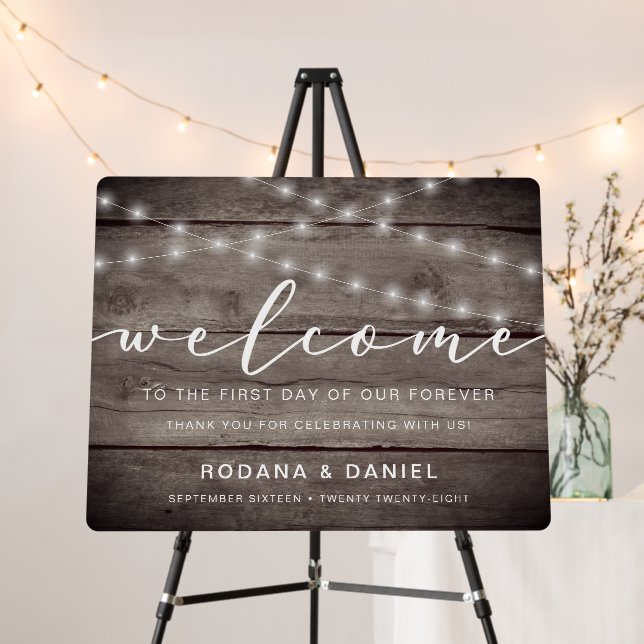 Rustic String Lights Welcome Reception Wedding Foam Board (In Situ (Stand))