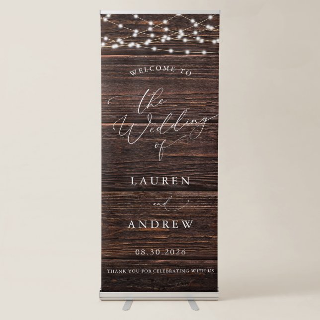 Rustic String Lights Welcome to Our Wedding Retractable Banner (Front)