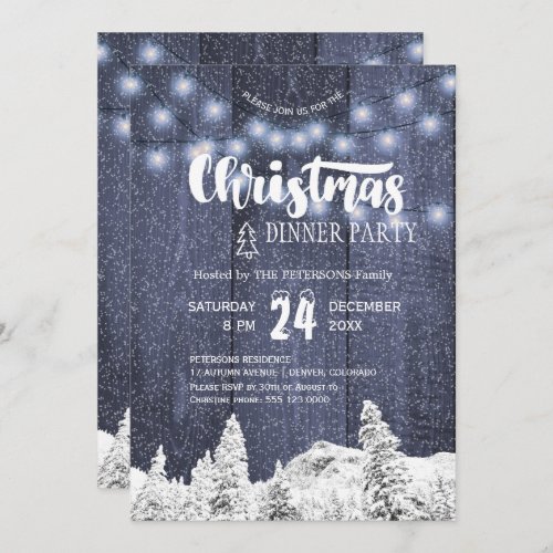 Rustic string lights white blue Christmas party Invitation