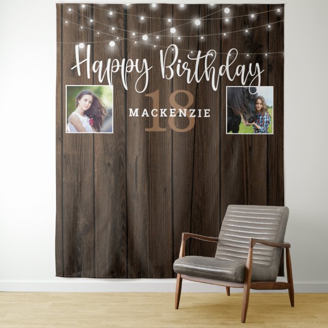 Rustic String Lights Wood Any Year Birthday Photo Tapestry (In Situ)