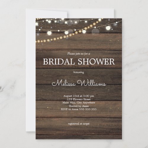 Rustic String Lights Wood Bridal Shower Invitation