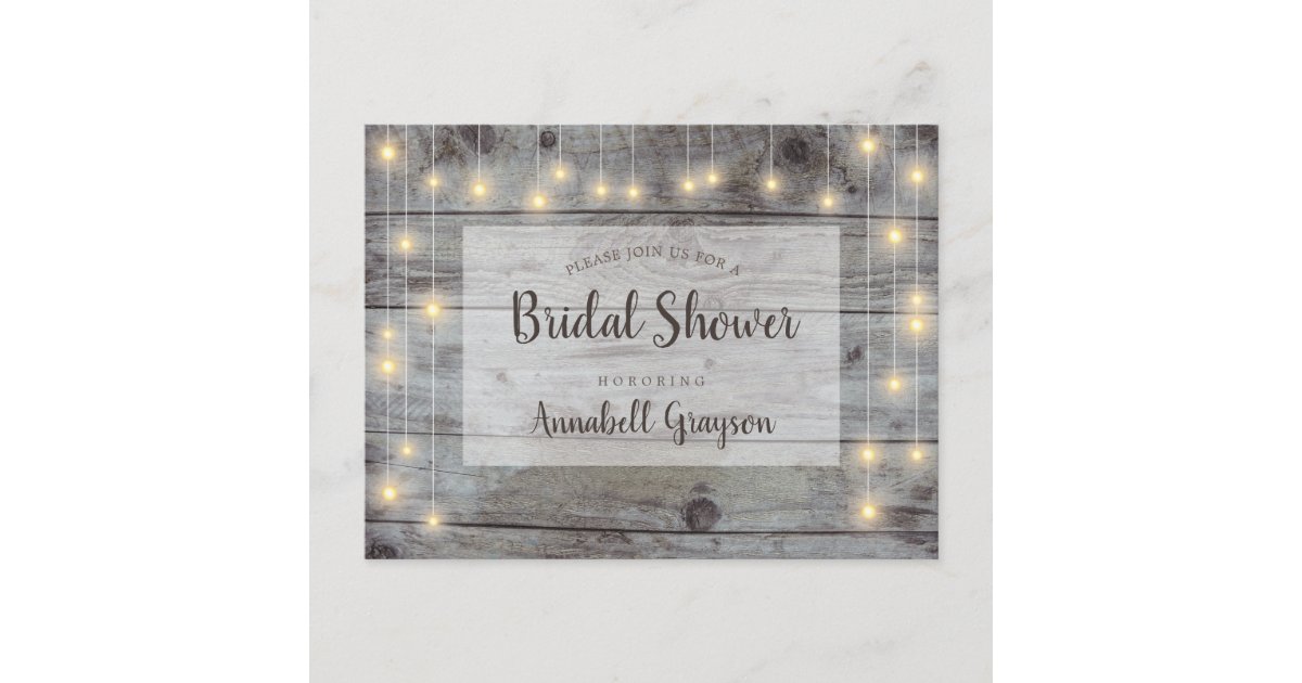 Rustic String Lights Wood Bridal Shower Invitation Postcard | Zazzle