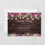 Rustic String Lights Wood Burgundy Floral  RSVP Card