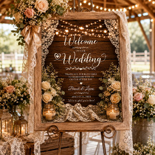 Rustic String Lights Wood Candle Lace Wedding Sign