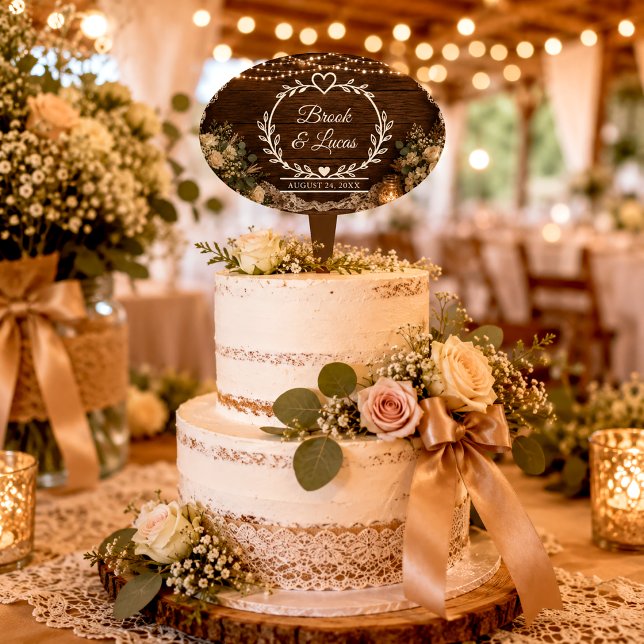 Rustic String Lights Wood Candles Lace Wedding Cake Topper (Creator Uploaded)