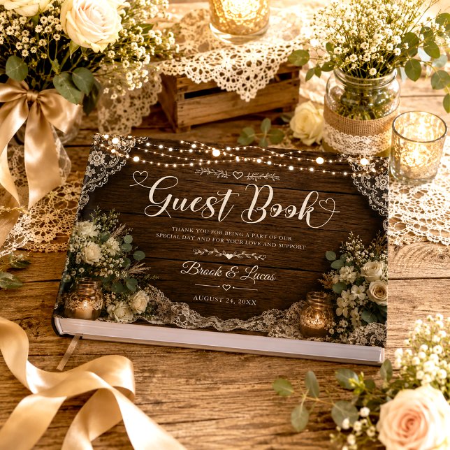 Rustic String Lights Wood Candles Lace Wedding Guest Book (Creator Uploaded)