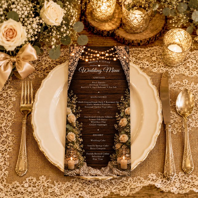 Rustic String Lights Wood Candles Lace Wedding Menu (Creator Uploaded)