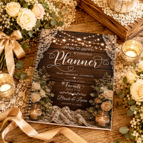 Rustic String Lights Wood Candles Lace Wedding Planner