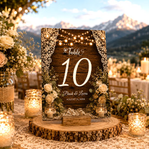 Rustic String Lights Wood Candles Lace Wedding Table Number