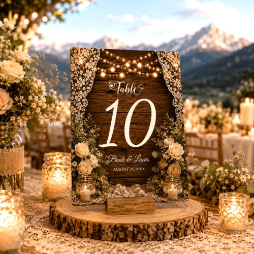 Rustic String Lights Wood Candles Lace Wedding Table Number