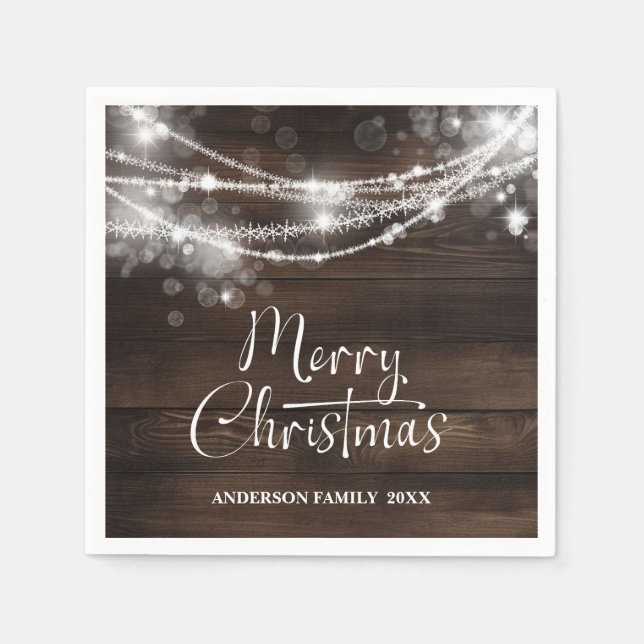 Rustic String Lights Wood Christmas Napkins (Front)
