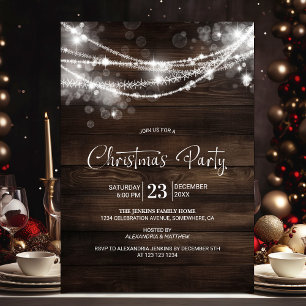 Rustic String Lights Wood Christmas Party Invitation