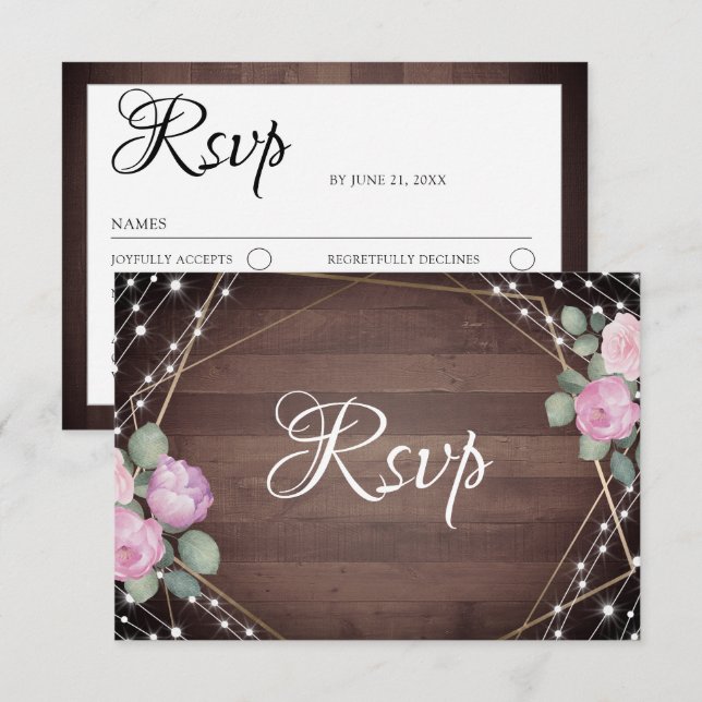 Rustic String Lights Wood & Floral RSVP Wedding  Card (Front/Back)