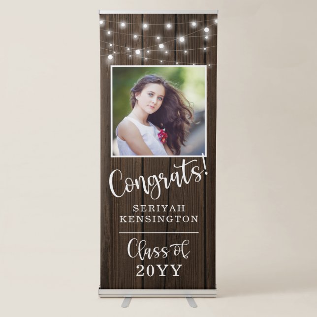 Rustic String Lights Wood Graduation Photo Retractable Banner (Front)