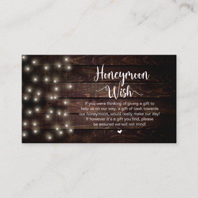 Rustic String Lights, Wood, Honeymoon Wish Enclosure Card (Front)