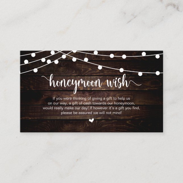 Rustic String Lights, Wood, Honeymoon Wish Enclosure Card (Front)