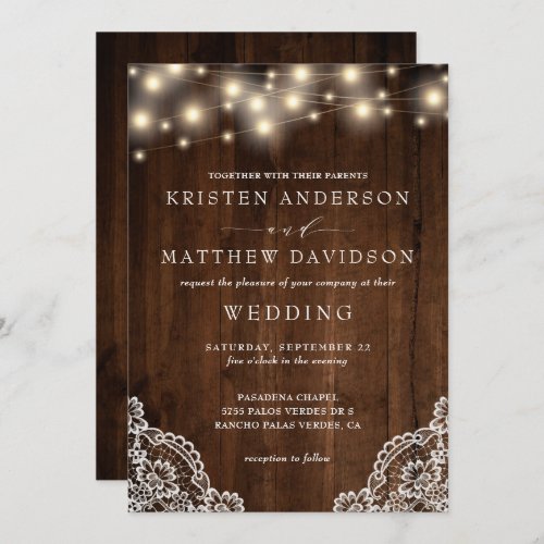 Rustic String Lights Wood Lace Detail Wedding Invitation