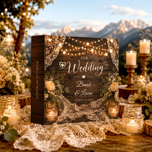 Rustic String Lights Wood Lace Wedding Album 3 Ring Binder